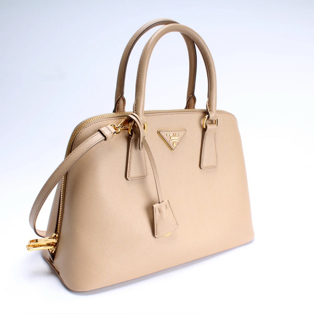 Prada Tan Saffiano Leather Satchel with Iconic Logo